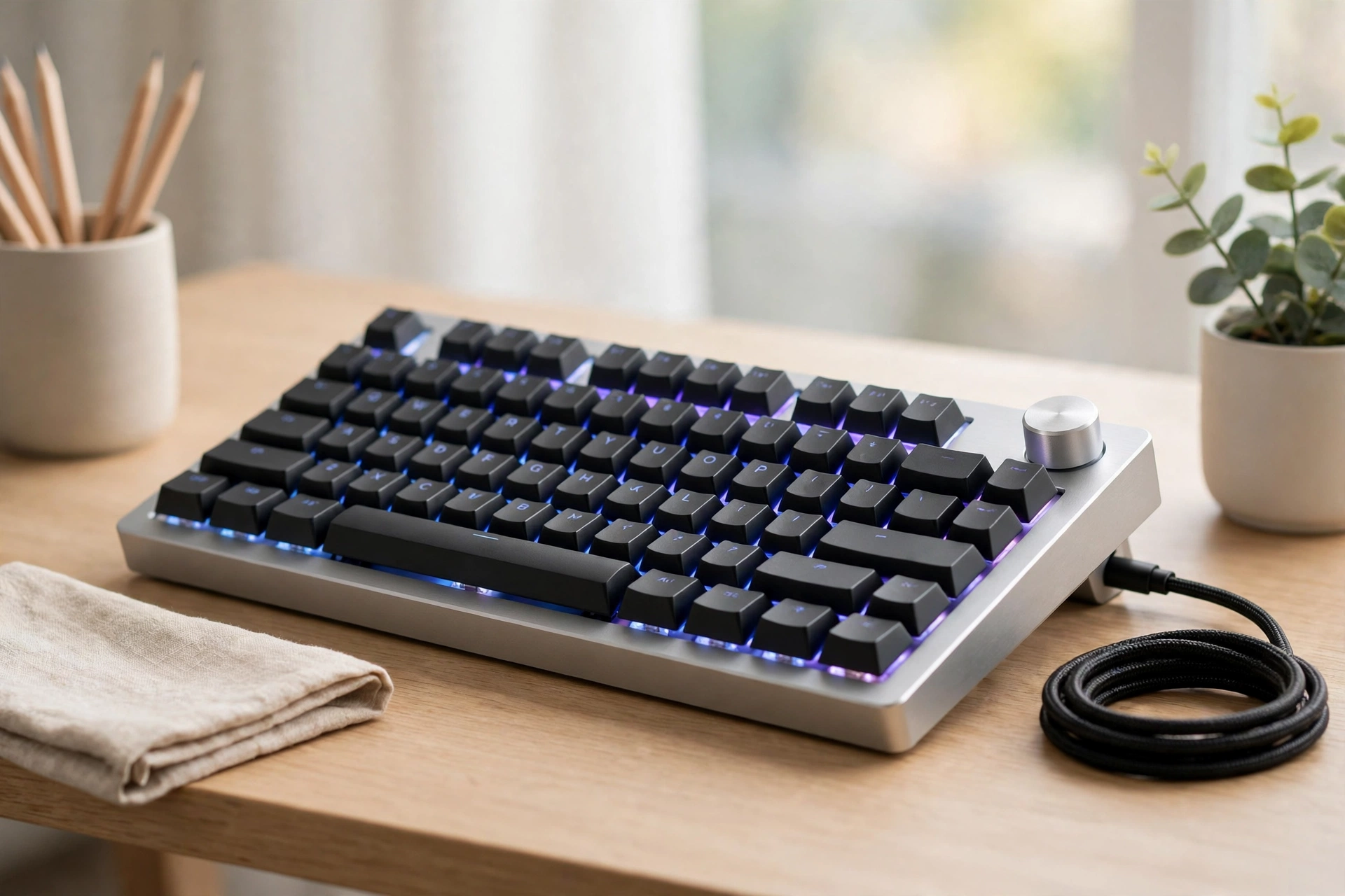 A modern mechanical keyboard with backlit keys on a tidy desk